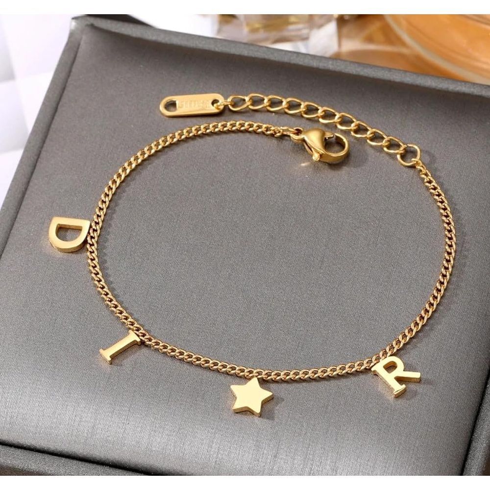 Stylish 14k Gold-Plated Charm Bracelet with D-I-R & Star Accents Adjustable Size - Picture 2 of 7